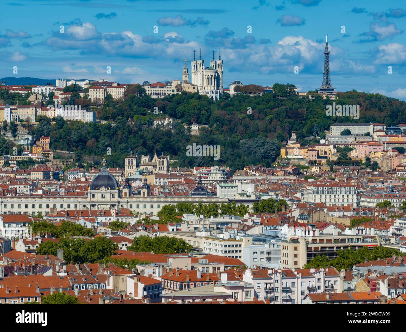 Aerial view of Basilica of Notre Dame of Fourviere in Lyon, France ...