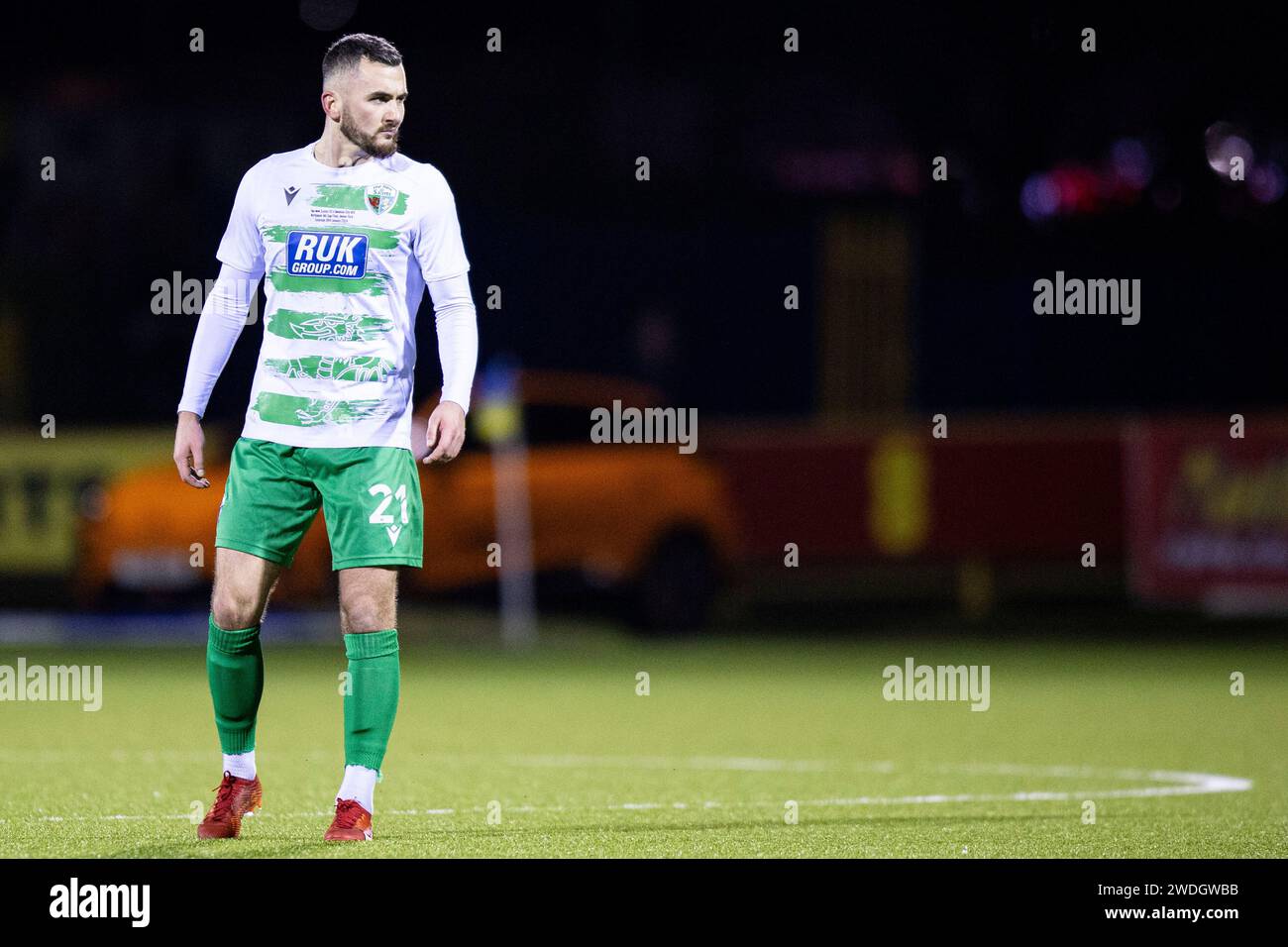 Barry, UK. 20th Jan, 2024. Leo Smith of TNS in action. The New Saints v ...