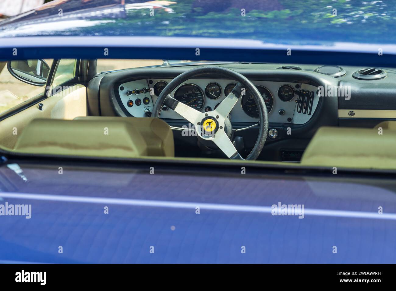 WERDER (HAVEL), GERMANY - MAY 20, 2023: The interior of sports car Ferrari Dino 380 GT4. Oldtimer - Festival Werder Classics 2023 Stock Photo