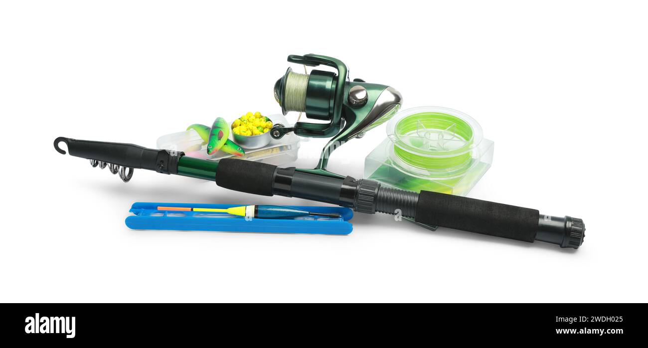 Fishing rod with spinning reel, baits, float and line isolated on white