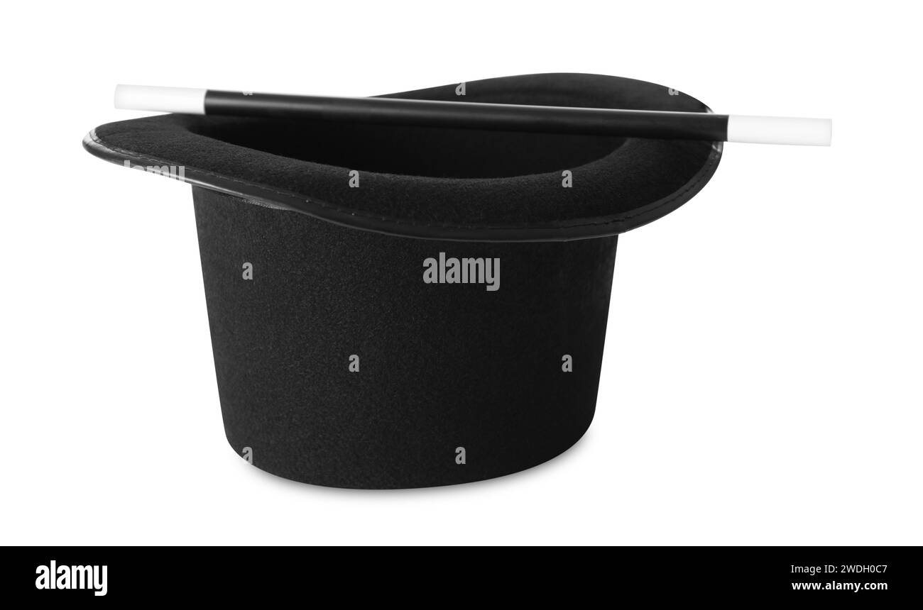 Top hat and wand isolated on white. Magician equipment Stock Photo Alamy