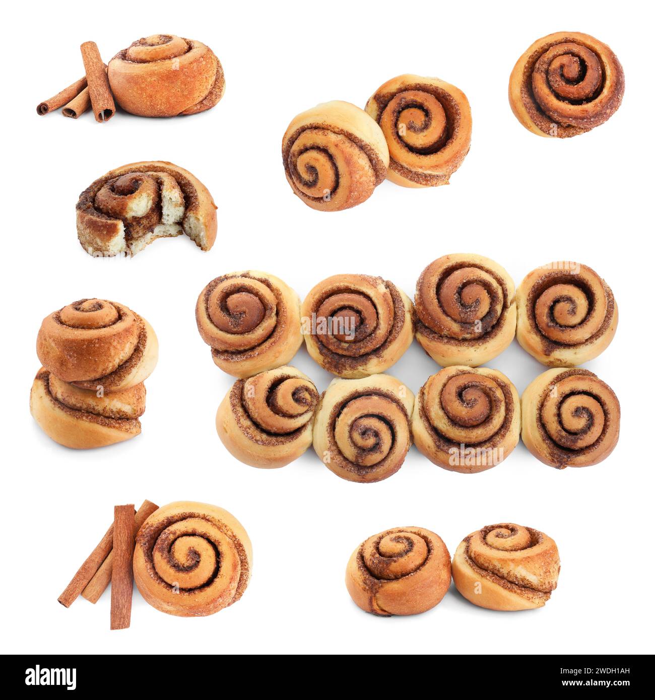 Tasty cinnamon rolls isolated on white, set Stock Photo - Alamy