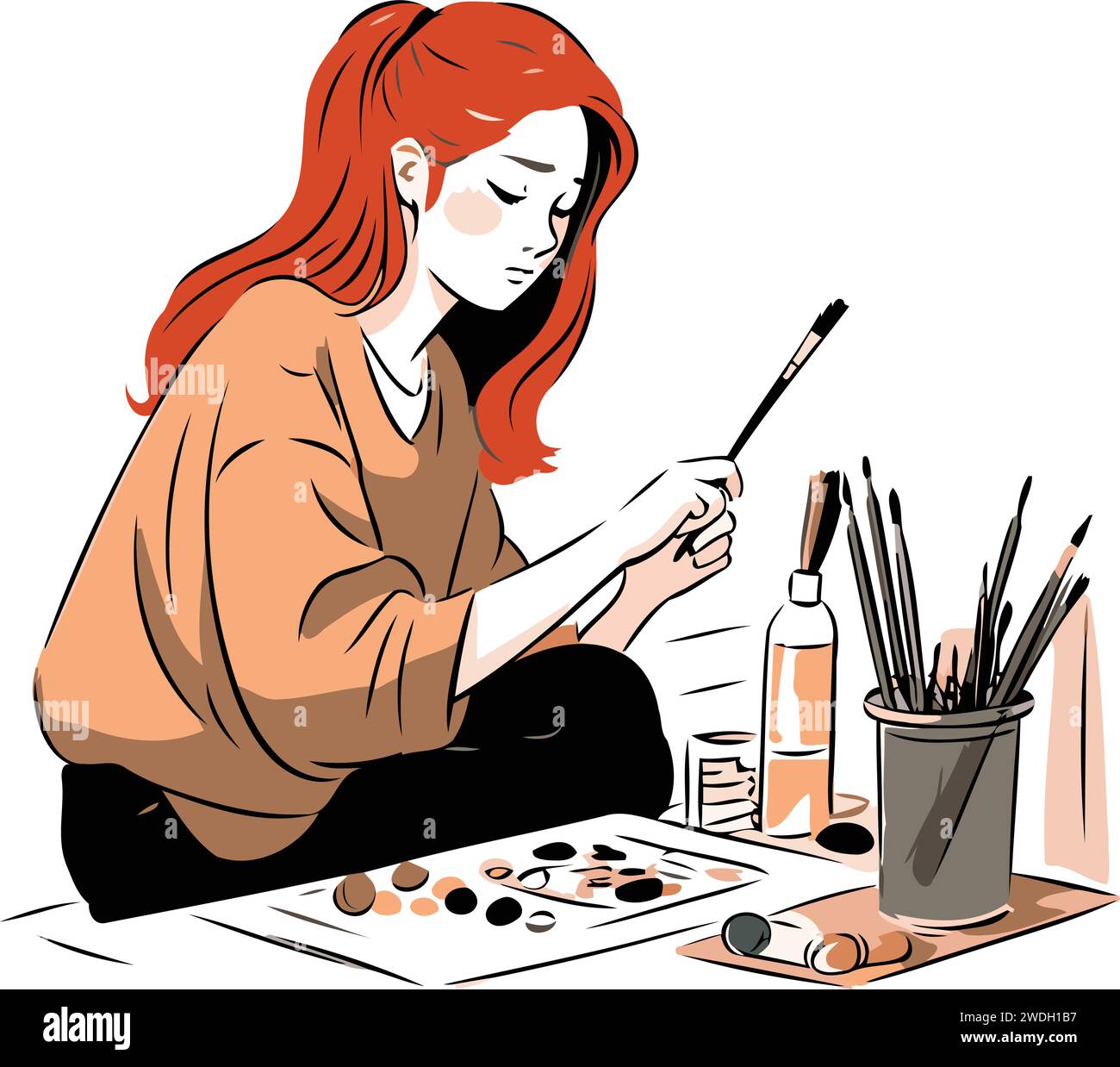 Illustration of a young woman painting in her studio. Vector ...