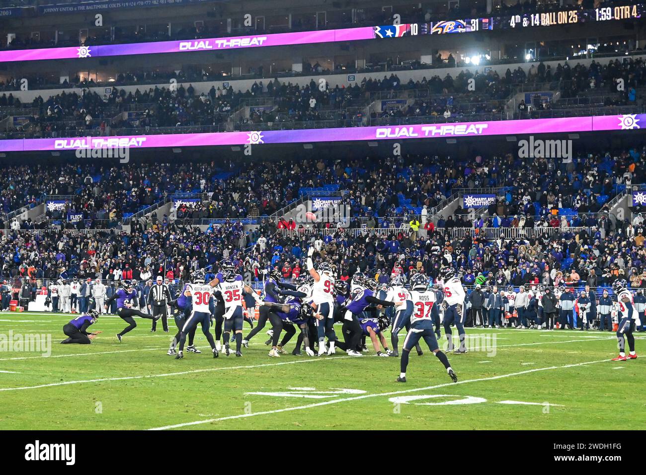 Baltimore, United States. 20th Jan, 2024. Baltimore Ravens place kicker Justin Tucker (9) kicks a 43 yard field goal against the Houston Texans during the second half an AFC Divisional Round playoff game at M&T Bank Stadium in Baltimore, Maryland, on Saturday, January 20, 2024. Baltimore won 34-10 and advances to there AFC Conference Championship. Photo by David Tulis/UPI Credit: UPI/Alamy Live News Stock Photo