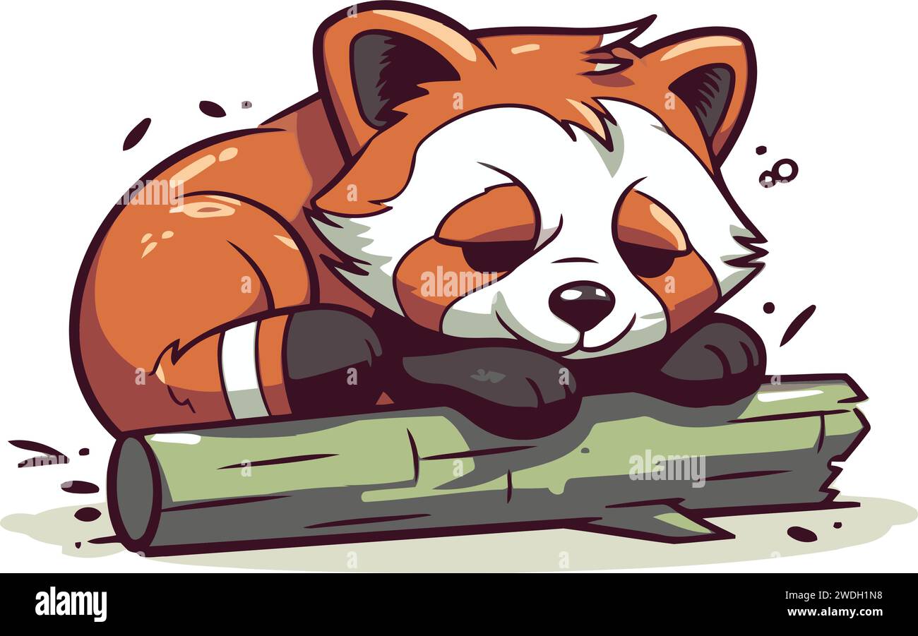 Vector illustration of a cute red panda sleeping on a log Stock Vector