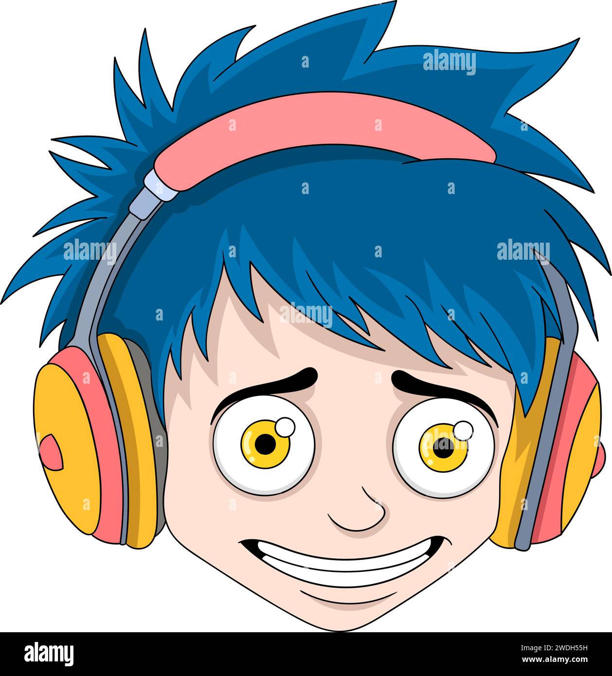 cartoon logo of a laughing faced boy enjoying rock music from headphones. creative image Stock Vector
