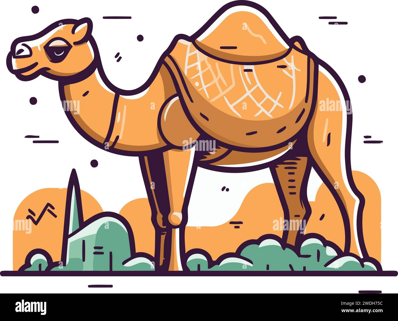 Camel in desert. Vector illustration in flat linear design style. Stock Vector