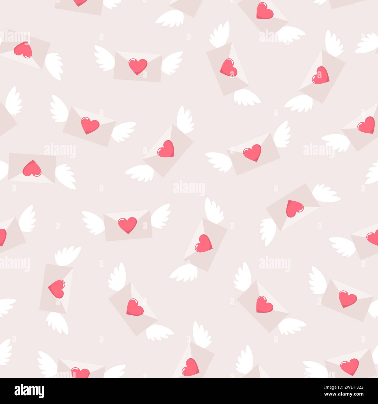 Flying winged envelopes with hearts on a beige background, seamless pattern. Flat vector illustration Stock Vector
