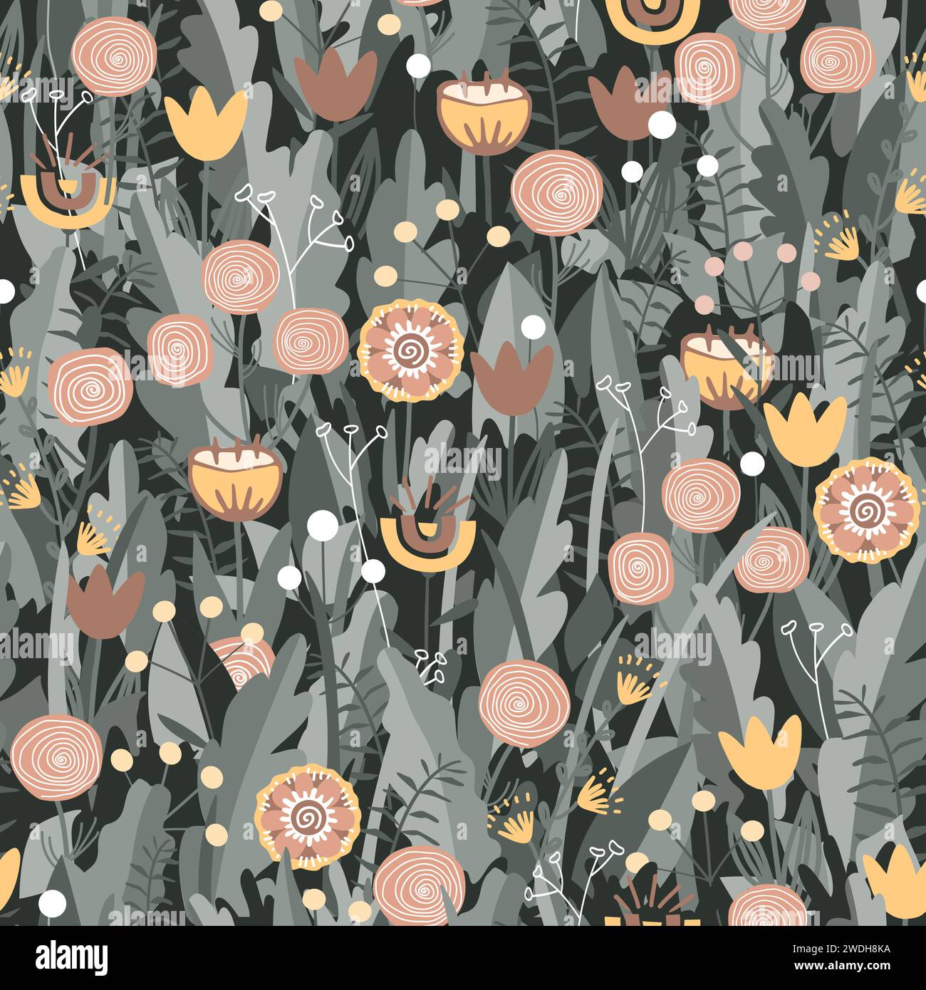 Fairy flowers seamless pattern in Scandinavian folk style, vector ...