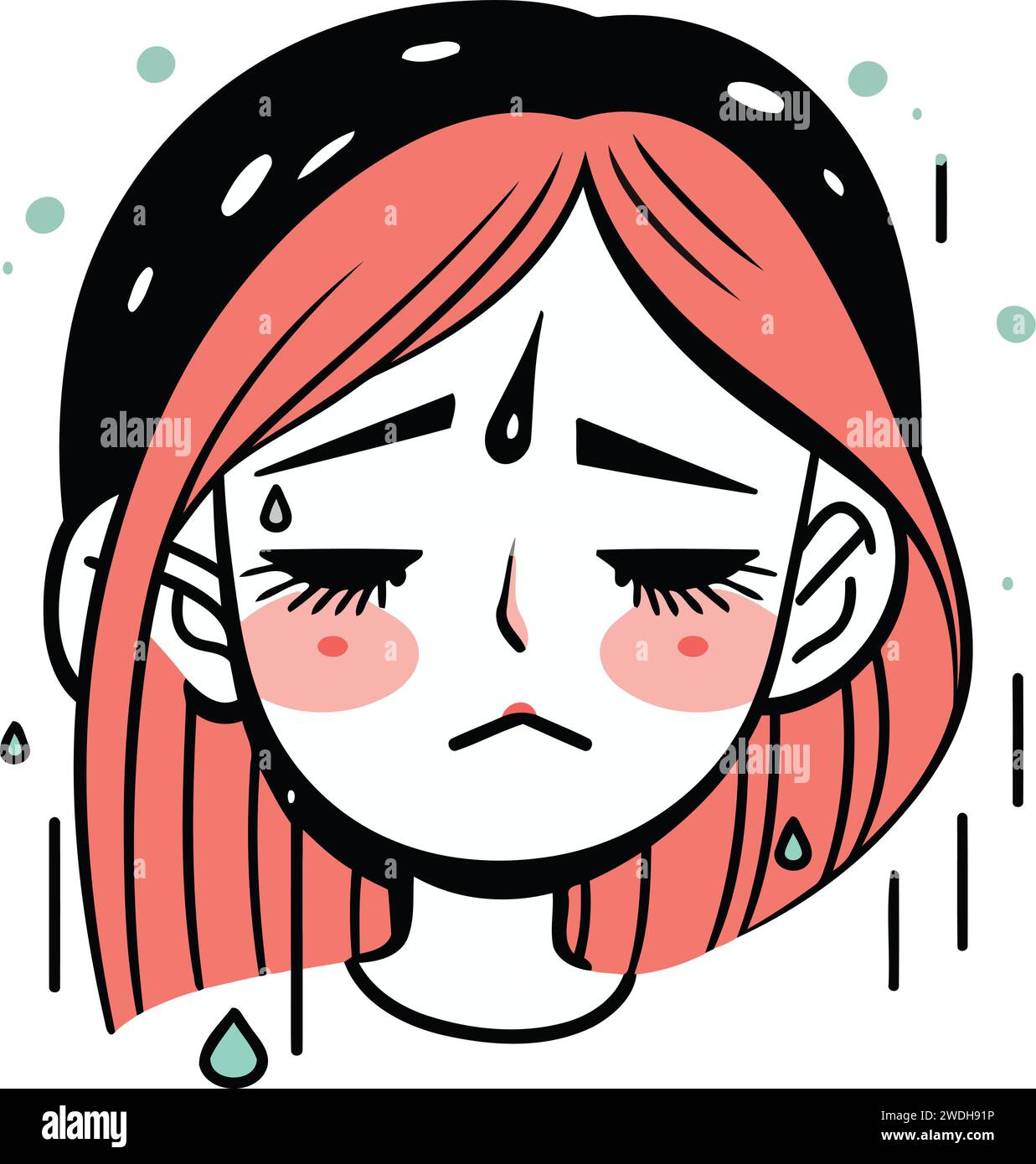 Crying girl with pink hair. Vector illustration in cartoon style. Stock Vector