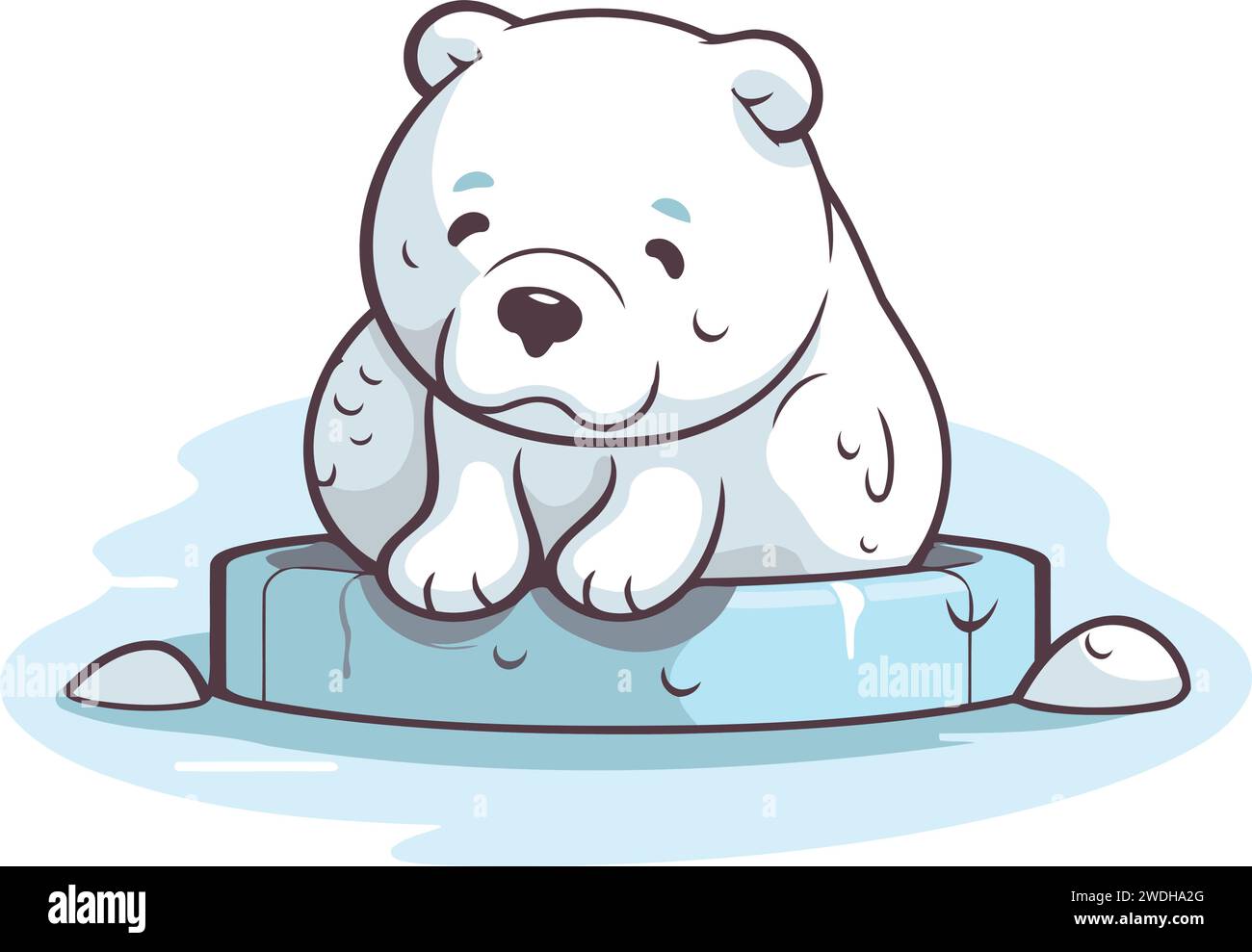 Cute cartoon polar bear sitting on ice cube. Vector illustration. Stock Vector