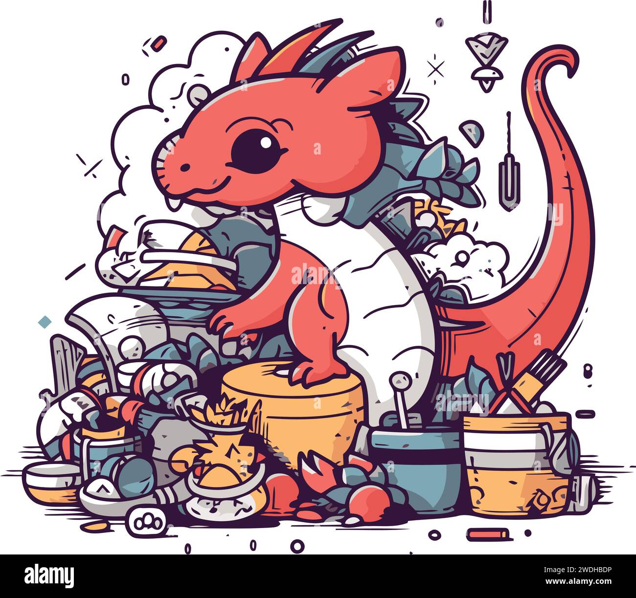Vector illustration of a cute cartoon dragon with a pot full of firecrackers. Stock Vector
