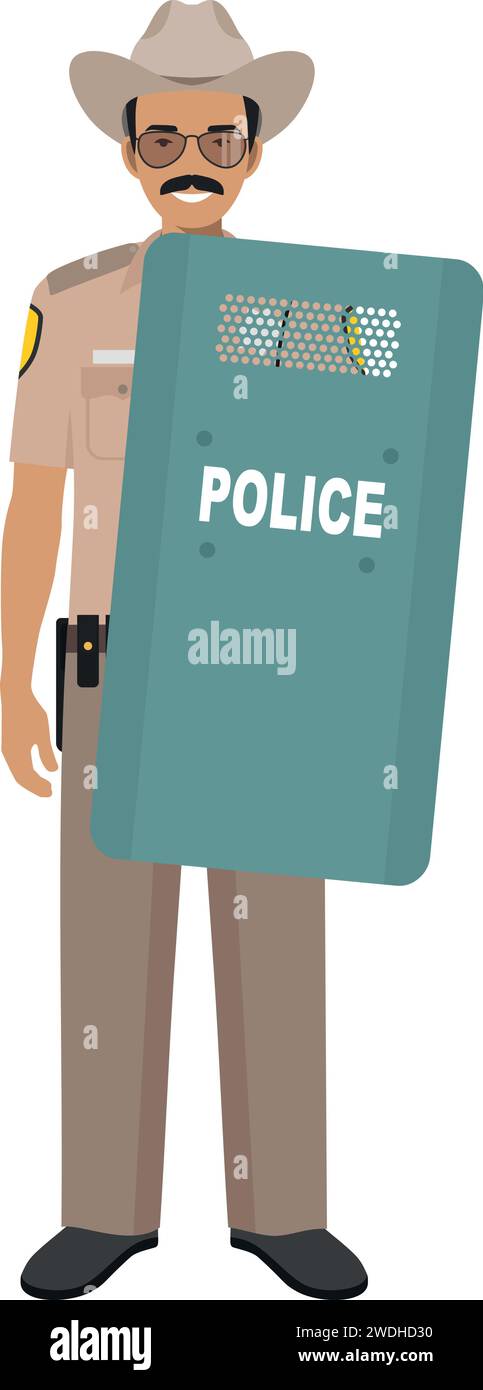 Standing American Policeman Sheriff Officer with Metal Protective Shield in Traditional Uniform Character Icon in Flat Style. Stock Vector