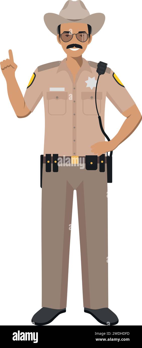 Standing American Policeman Sheriff Officer in Traditional Uniform Character Icon in Flat Style. Stock Vector