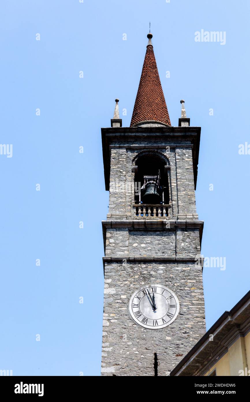 The bell tower of the Chiesa San Giorgio in Varenna, Lombardy, Italy. Stock Photo