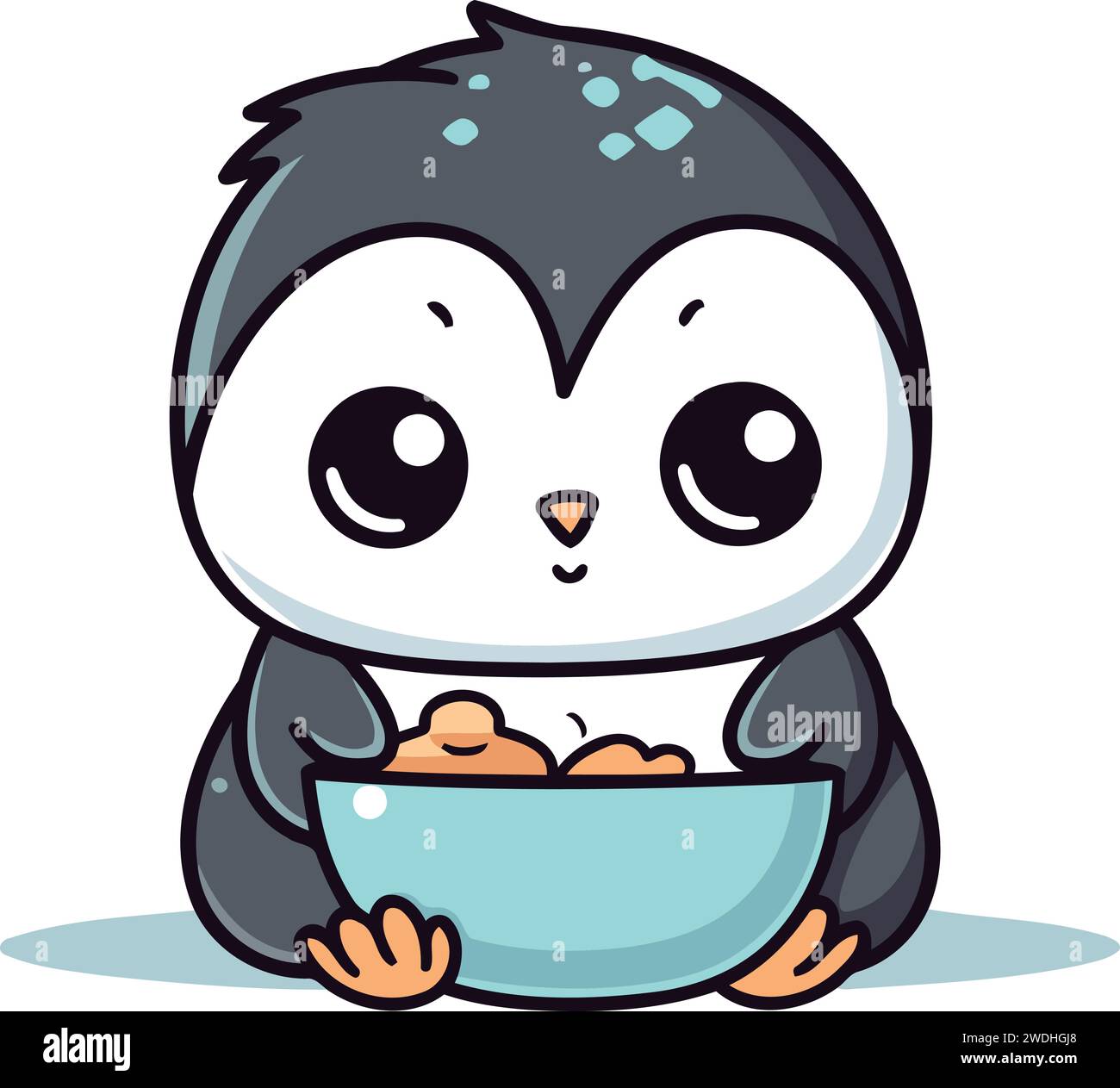 Cute penguin holding a bowl of food. Vector illustration Stock Vector