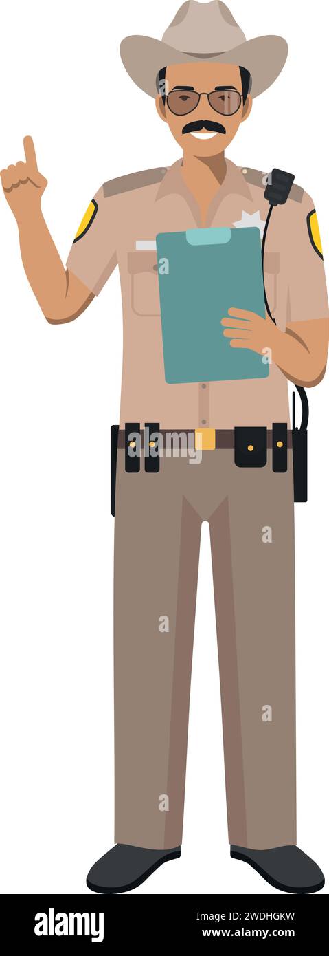 Standing American Policeman Sheriff Officer in Traditional Uniform Character Icon in Flat Style. Stock Vector