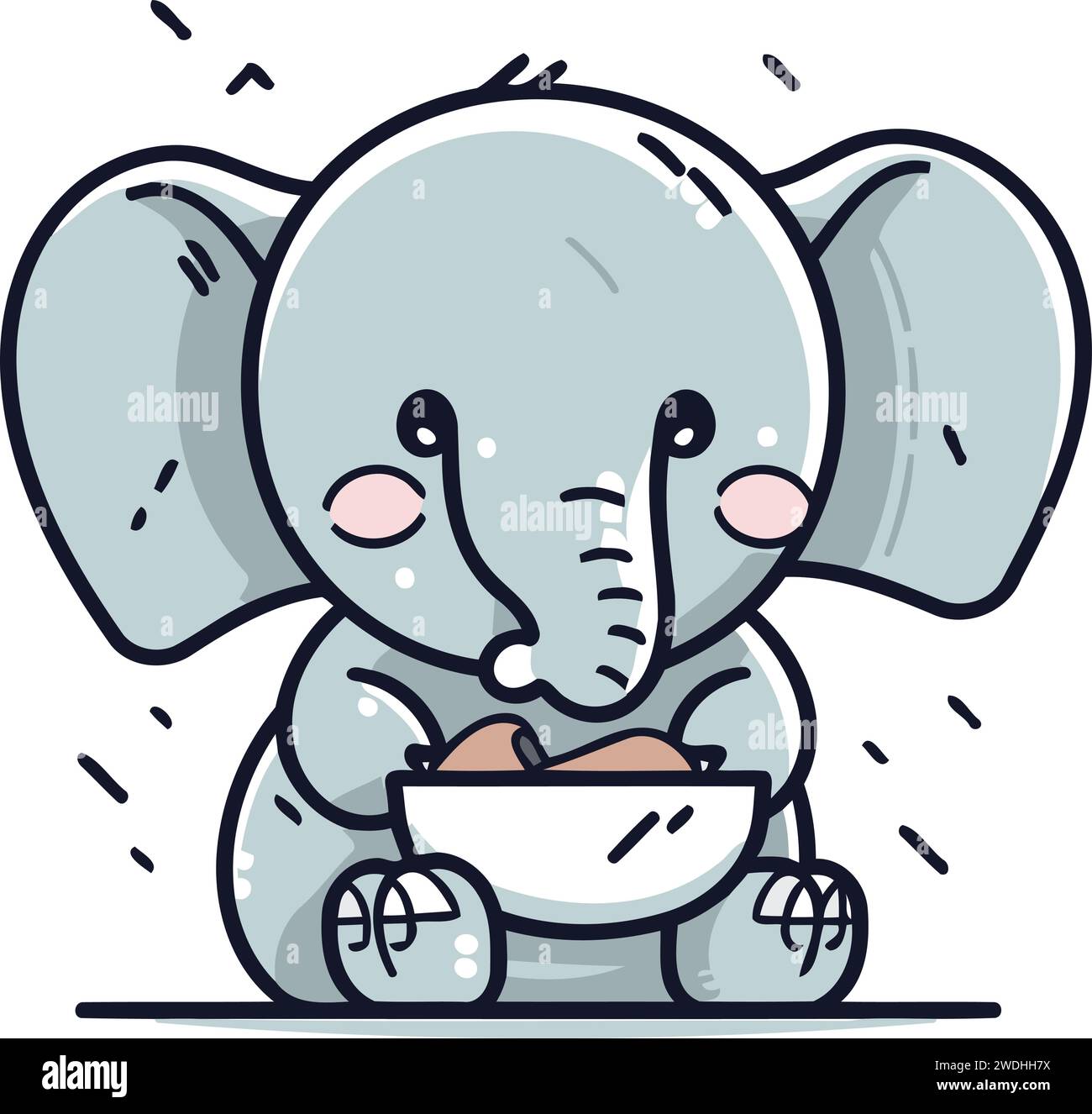 Cute baby elephant eating a bowl of rice. Vector illustration Stock