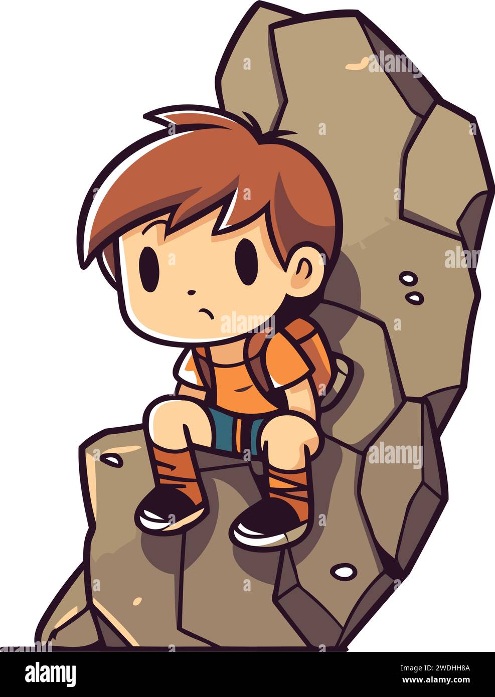 Little boy sitting on a rock. Vector illustration in cartoon style. Stock Vector