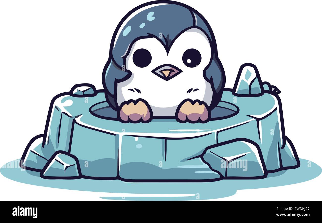 Cute cartoon penguin sitting on ice cube. Vector illustration. Stock Vector