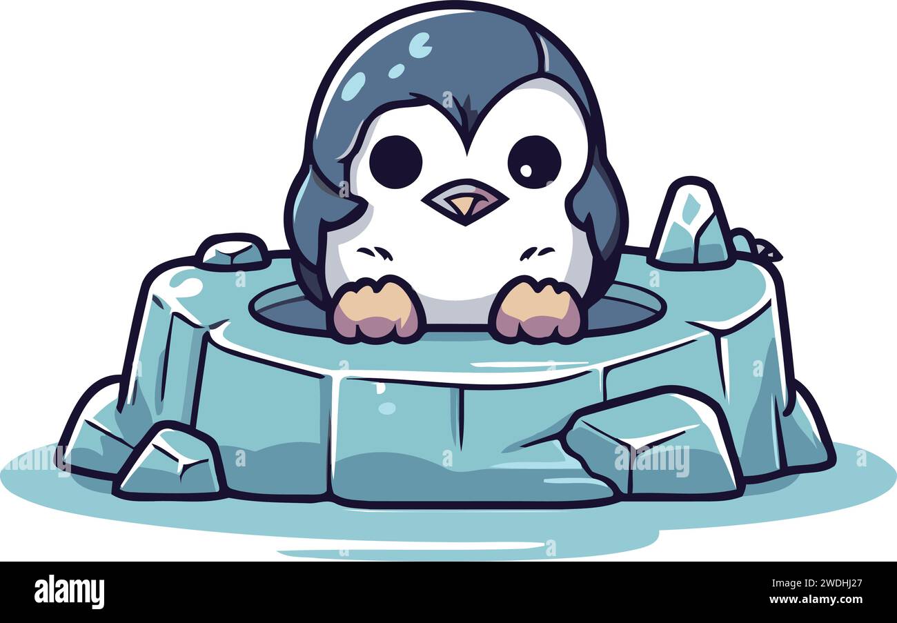 Cute cartoon penguin sitting on ice cube. Vector illustration Stock