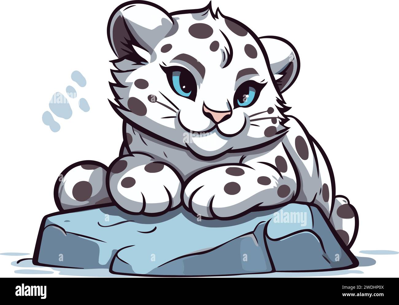 Cute cartoon snow leopard sitting on a rock. Vector illustration. Stock Vector