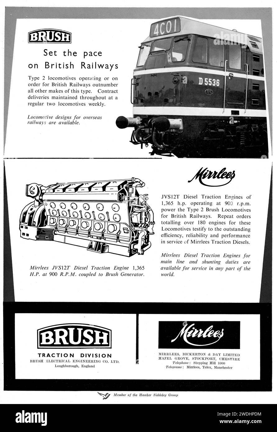 Vintage 1960's advert for Mirlees diesel train engines and Brush locomotives made in Britain Stock Photo