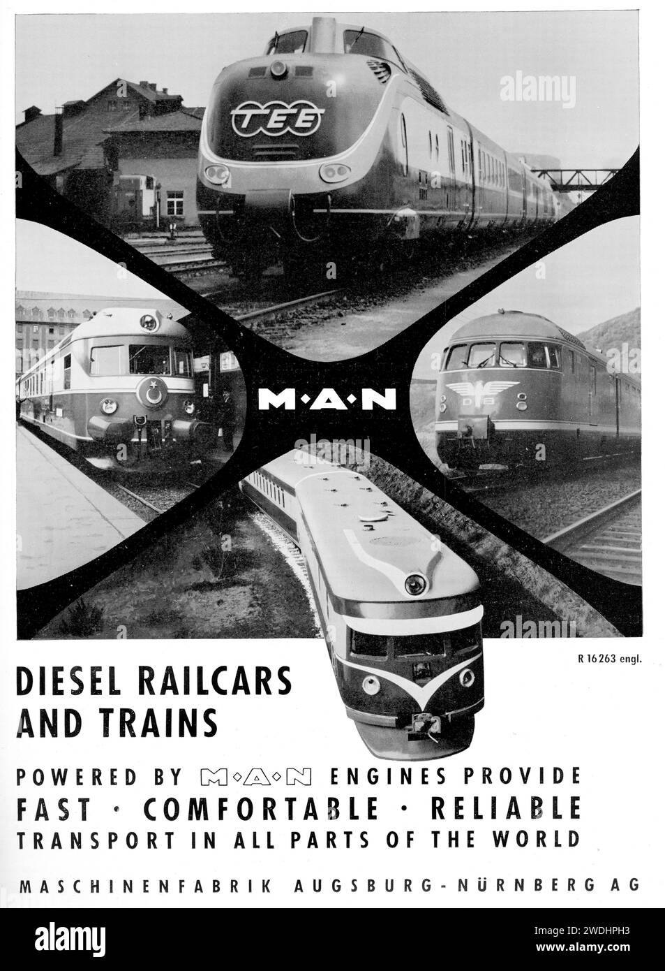 Vintage 1960's advert for MAN diesel trains and railcars made in Germany Stock Photo