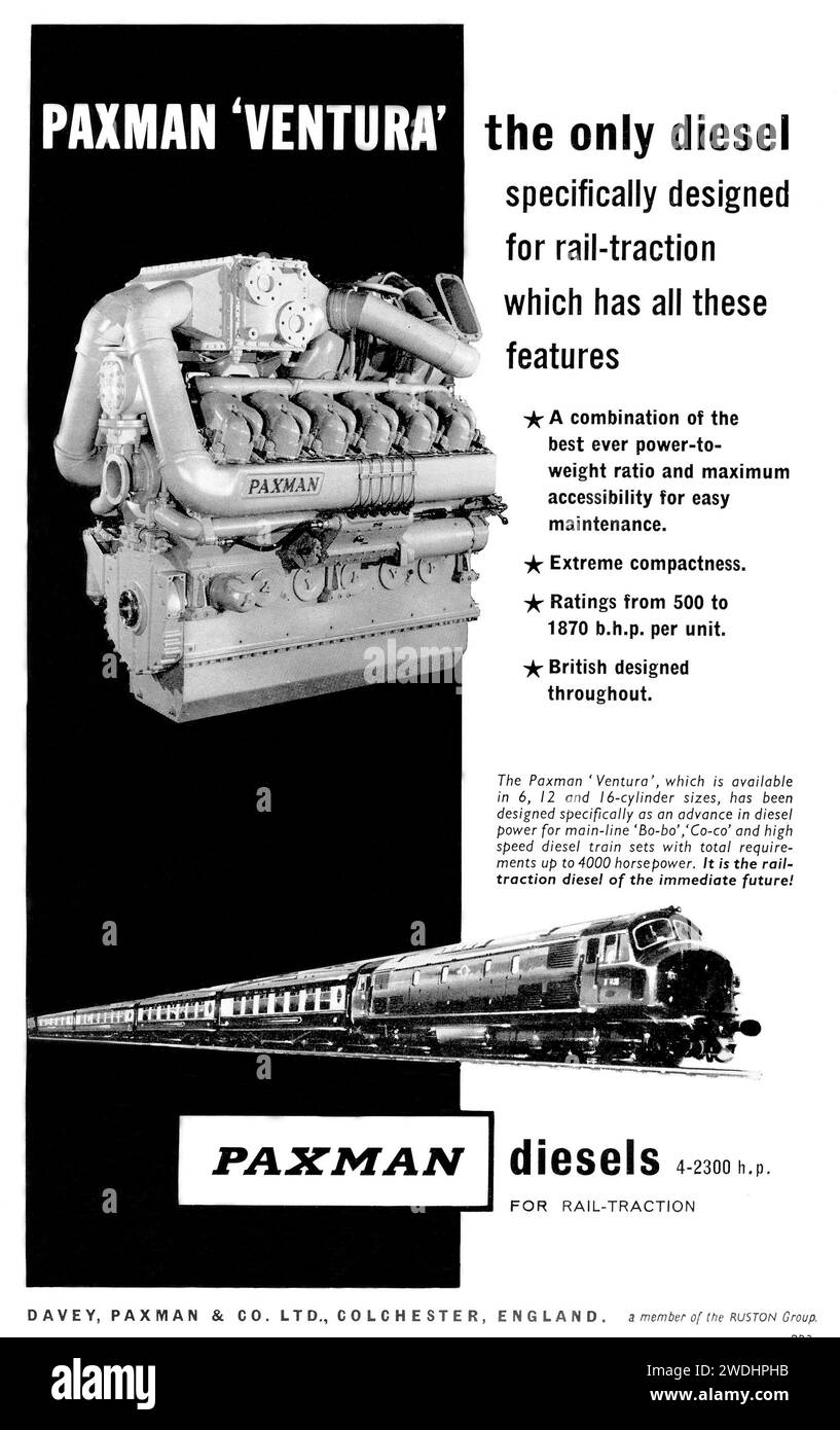 Vintage 1960's advert forPaxman Ventura diesel train engines made in Britain Stock Photo