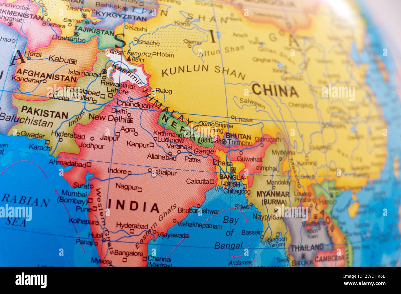world map of asian countries india pakistan china afghanistan and nepal in close up Stock Photo