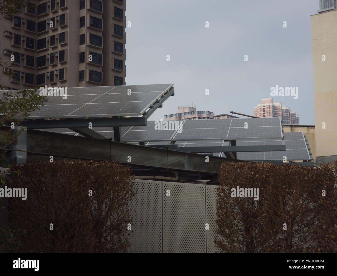 Hong Kong, China January 11 2024 Solar panels at Nina Park in Tsuen
