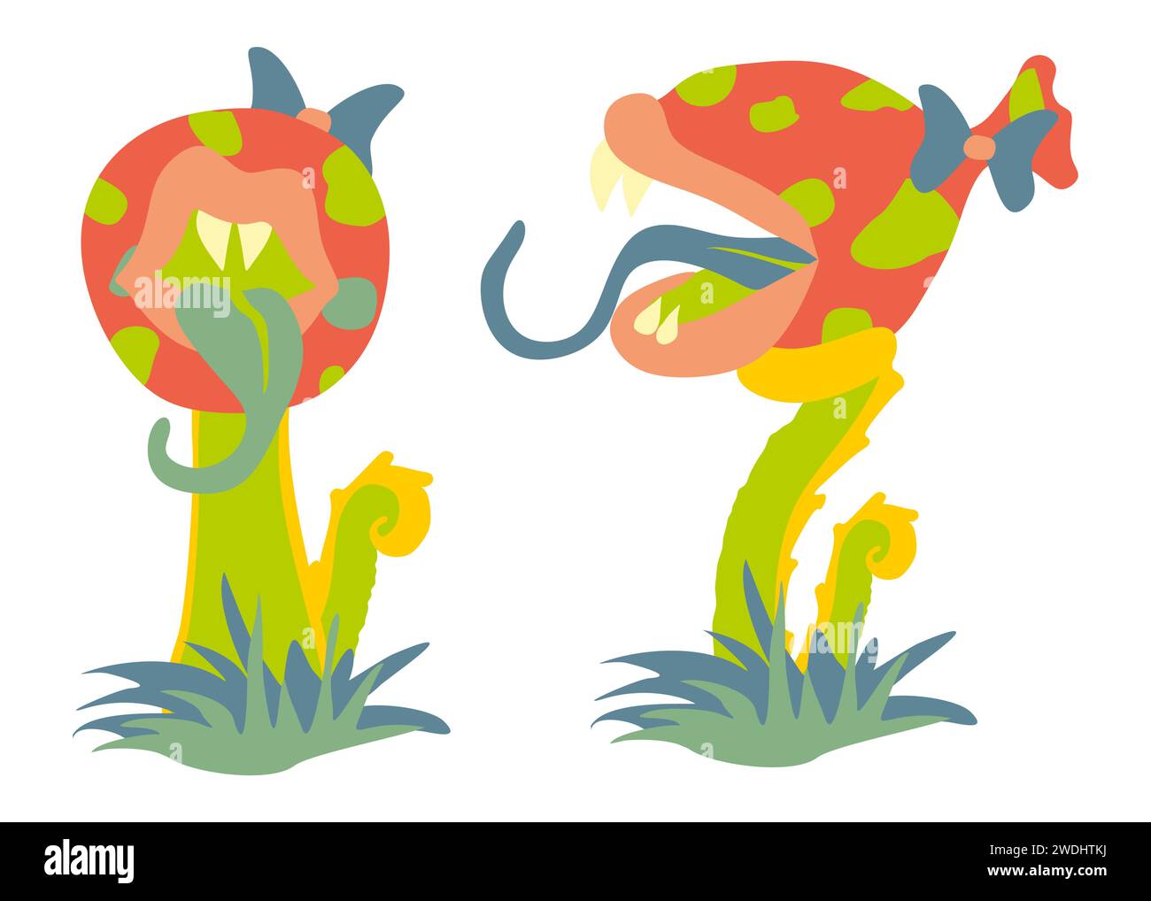 Monster Plant set illustration. Vector Fantasy scary Flower in Grass with Tongue and Lips. Flat Botany Illustration, Side and front view, isolated on Stock Vector