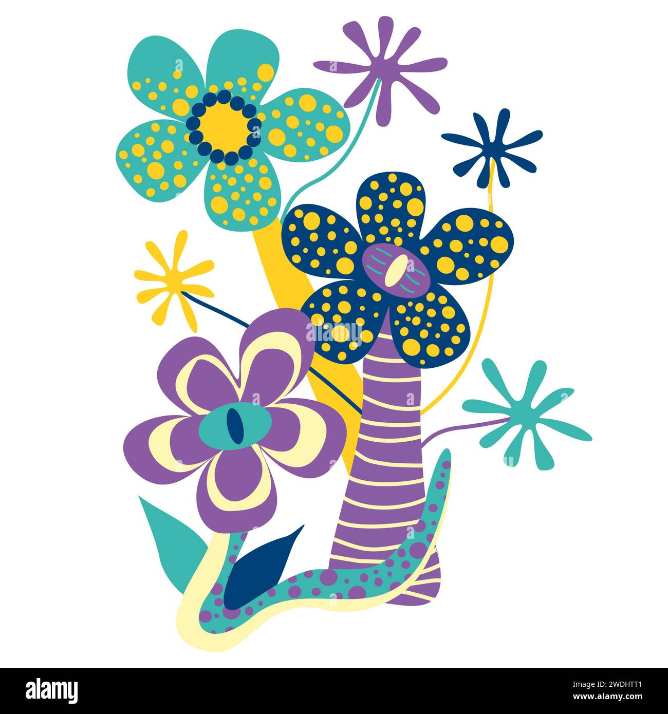 Fantasy magic flower, cartoon Fairy plant. Vector unusual fungi with Dotted petals, Eye and Flowers. Fairytale element for game, alien flora, hallucin Stock Vector