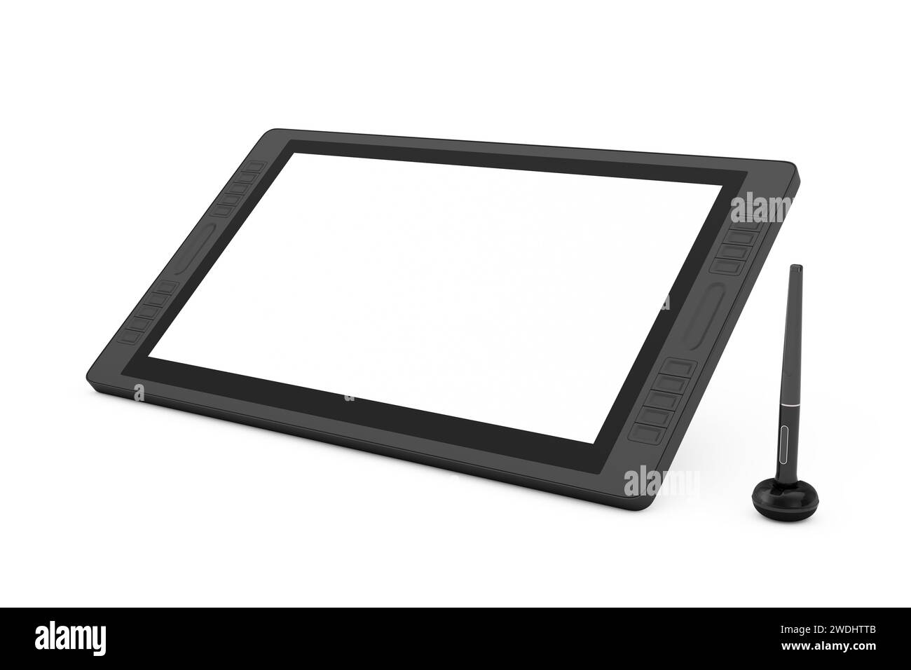 Big Size of Digital Graphics Drawing Tablet Monitor with Pen and Blank Screen for Your Design on a white background. 3d Rendering Stock Photo