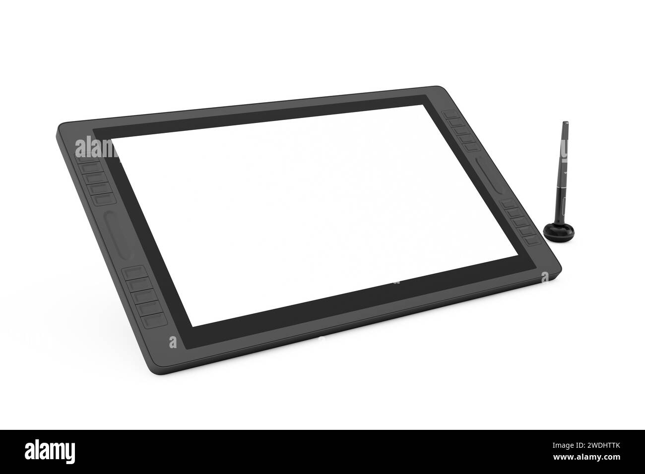 Big Size of Digital Graphics Drawing Tablet Monitor with Pen and Blank Screen for Your Design on a white background. 3d Rendering Stock Photo