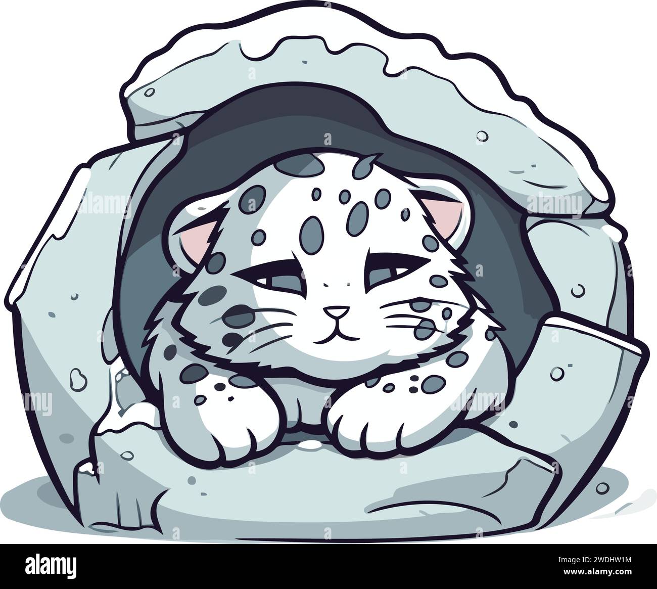 Cute cartoon snow leopard in a hole. Vector illustration. Stock Vector