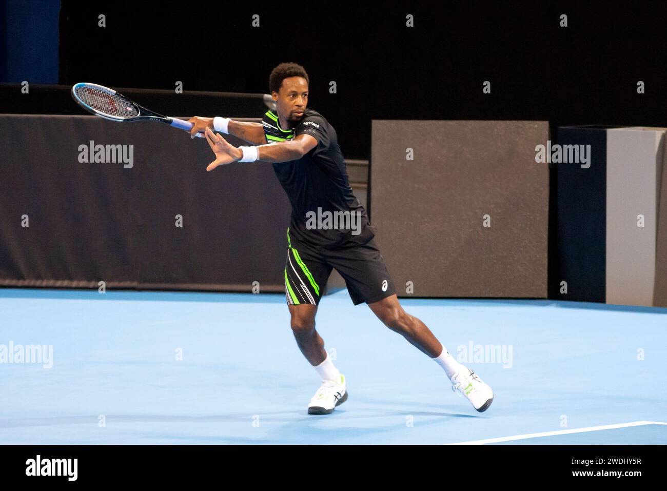 Gael Monfils of France in action during the final of the Sofia Open 2021 ATP 250 indoor tennis tournament on hard courts Stock Photo