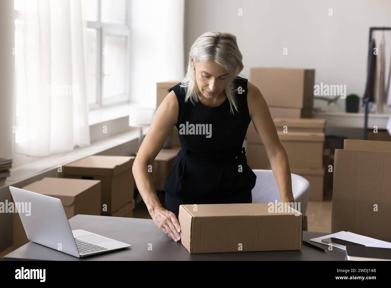 Businesswoman packing cardboard box, prepare parcel for dispatch Stock Photo