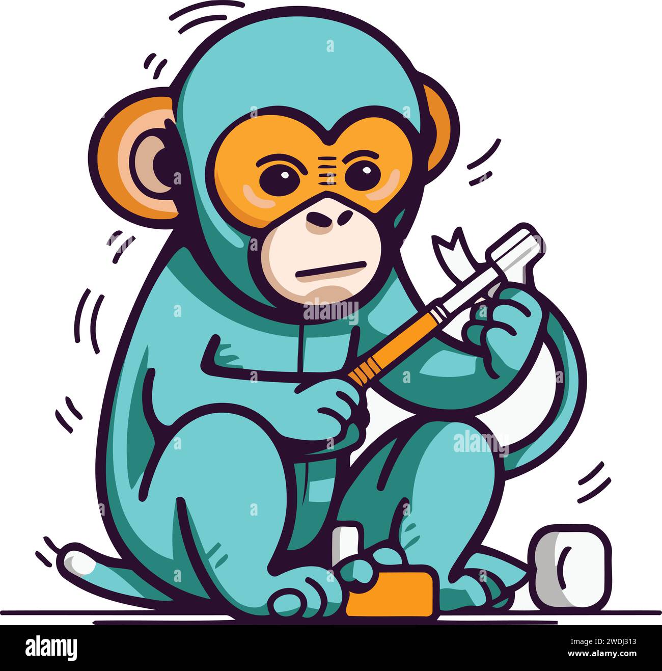 Monkey sitting with a hammer. Vector illustration in cartoon style