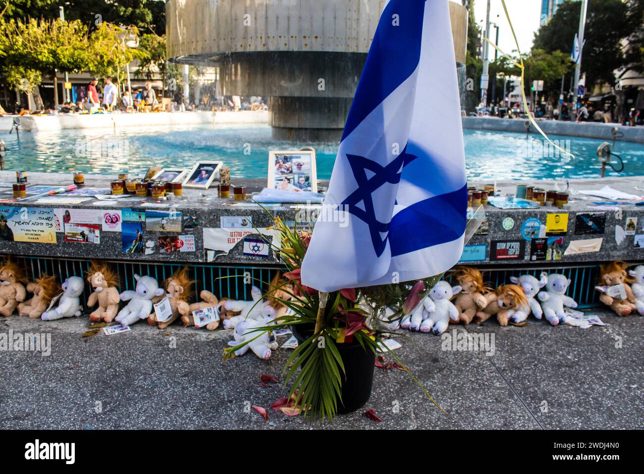 Tel Aviv Israel January 20 2024 Dizengoff Square Memorial Gifts   Tel Aviv Israel January 20 2024 Dizengoff Square Memorial Gifts And Photos Depicting The Faces Of Hostages And Soldiers Killed By Hamas During Th 2WDJ4N0 