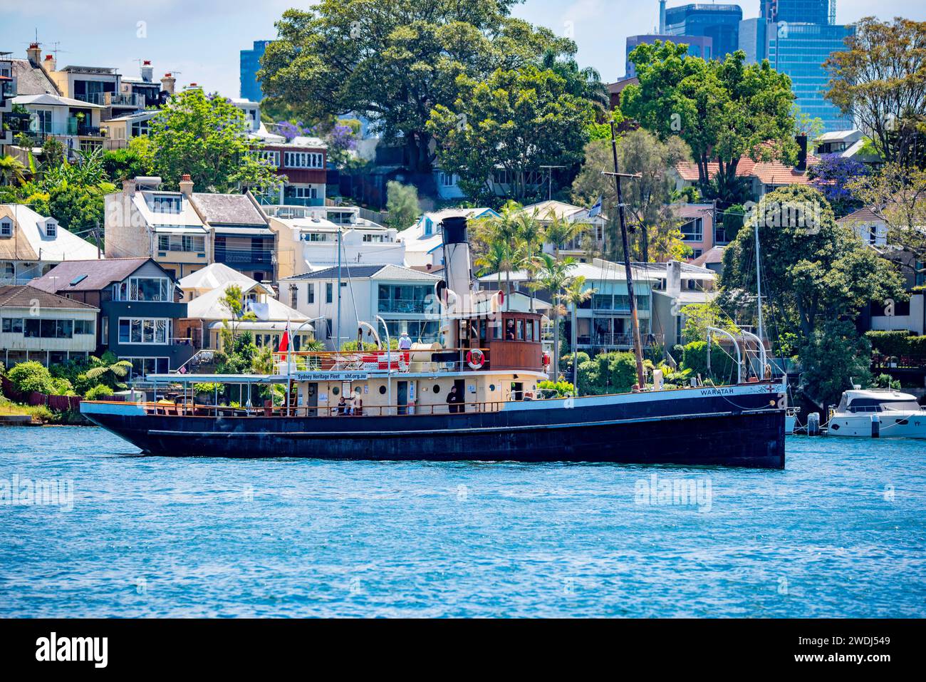 The coal fired, 1902 steam tug Waratah, makes its way from its home with the Sydney Heritage Fleet in Roselle Bay, towards Pyrmont in Sydney Harbour Stock Photo