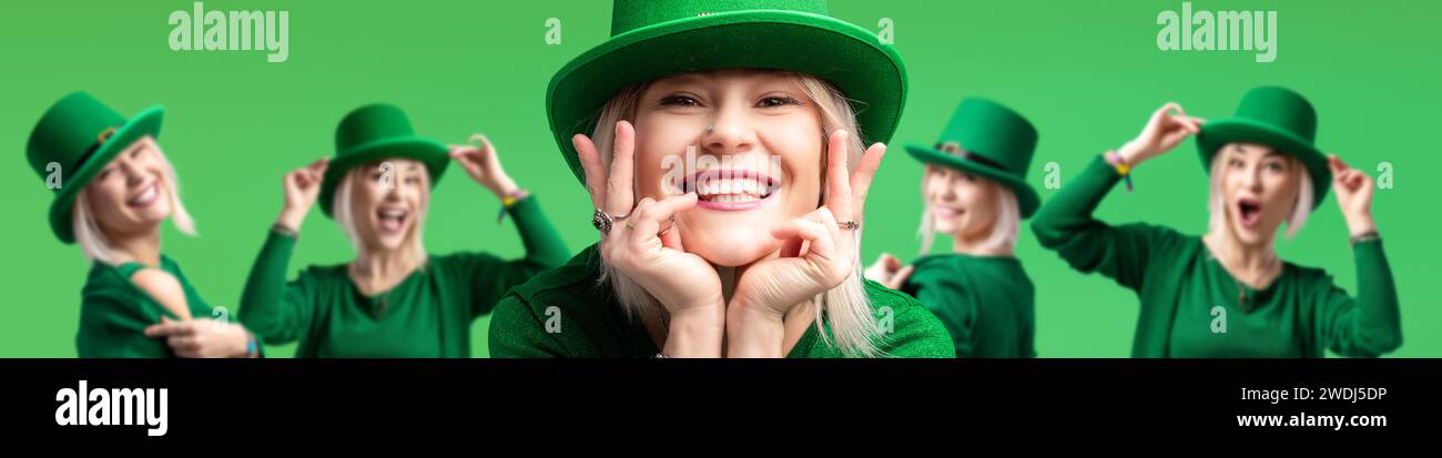 St. Patrick's Day. Сheerful girl, adorned in a leprechaun hat and green sweater, celebrates St. Patrick's Day. In the background, the same joyful scen Stock Photo