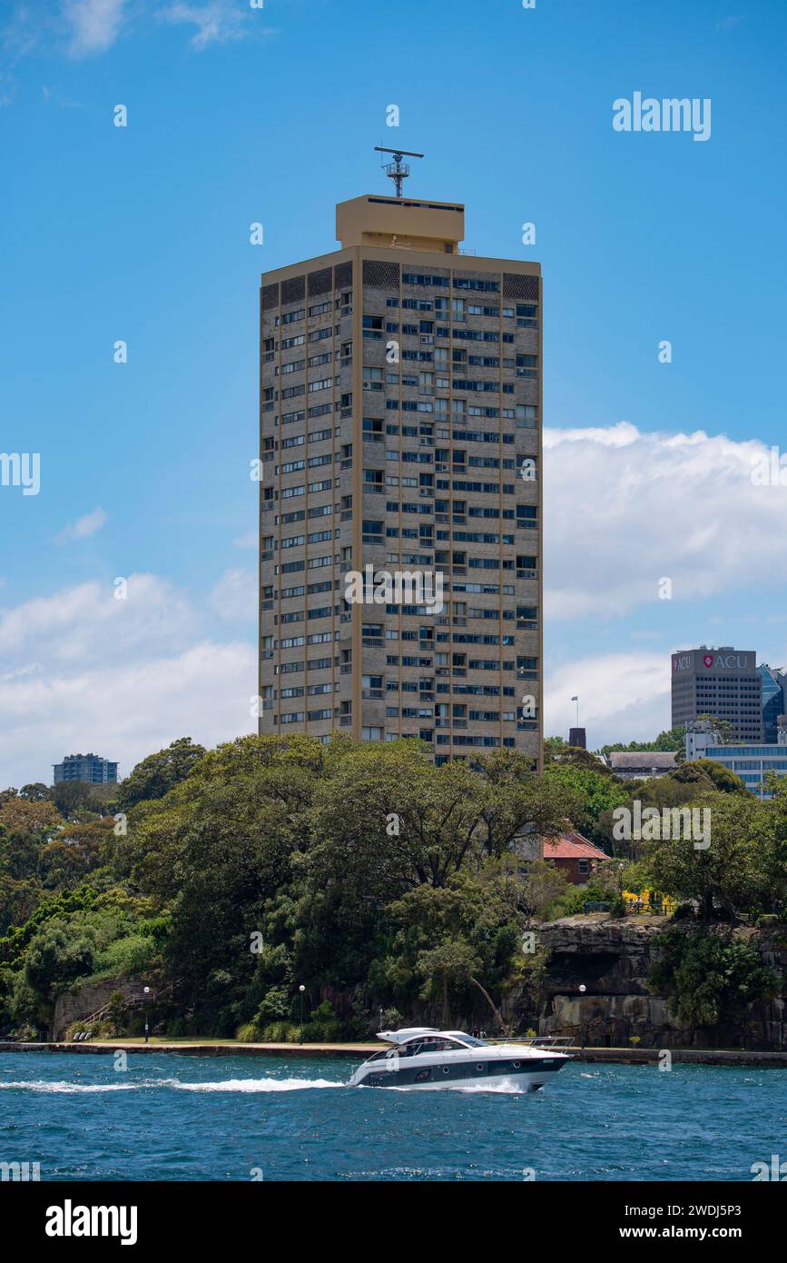 The 1962 constructed, Harry Seidler designed, Blues Point Tower with its roof top NSW Maritime radar on the shores of Sydney Harbour, Australia Stock Photo