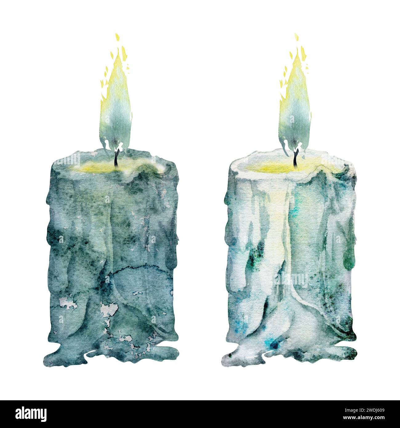 Hand drawn watercolor illustration sea witch altar objects. Burning