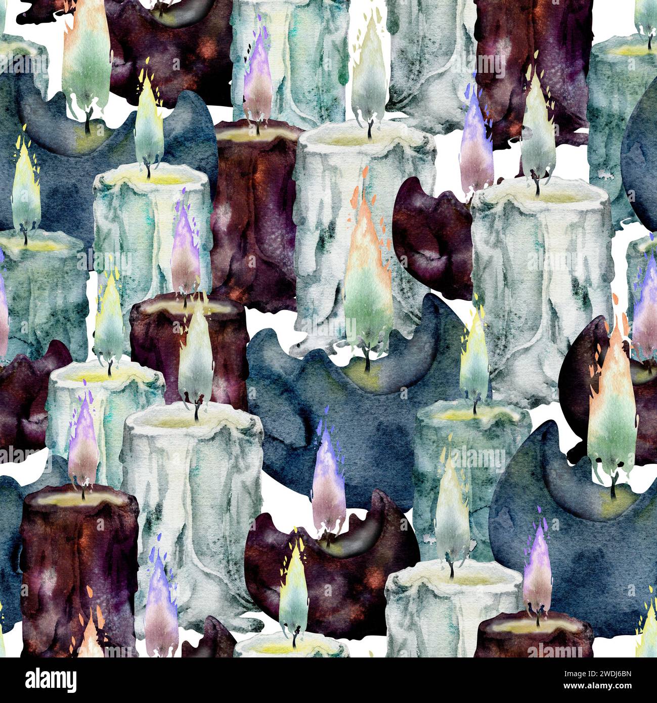 Hand drawn watercolor illustration sea witch altar objects. Burning