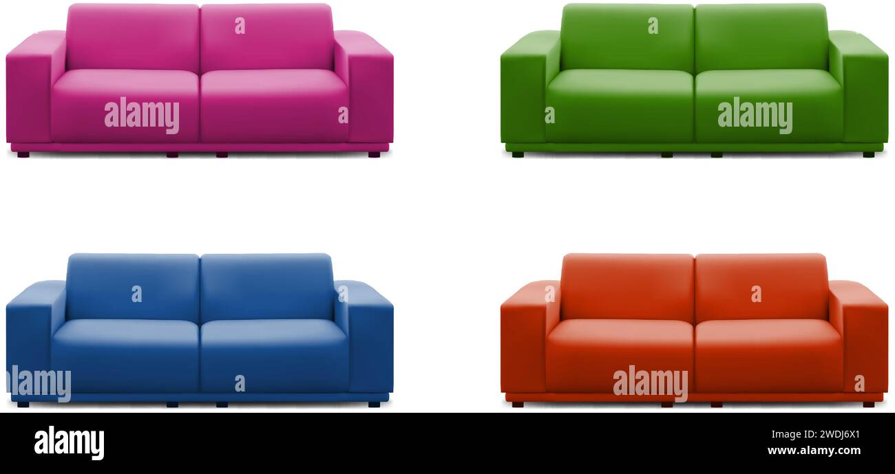realistic vector icon set. Colorful sofas in different colors. Isolated on white background.Mobile Stock Vector
