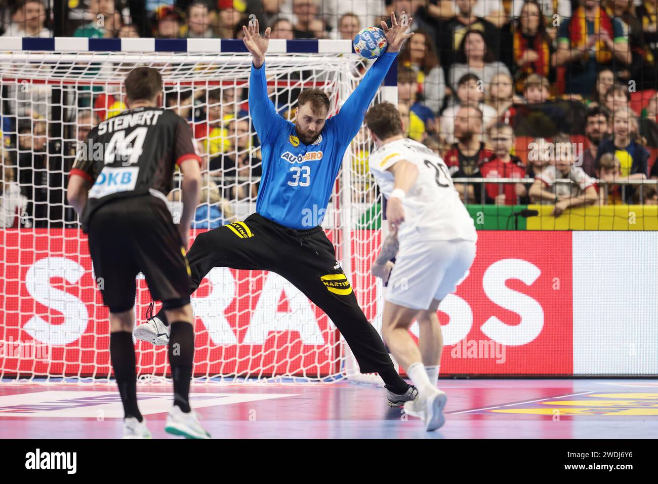 Andreas Wolff of Germany makes a save during the Men's EHF Euro 2024 ...