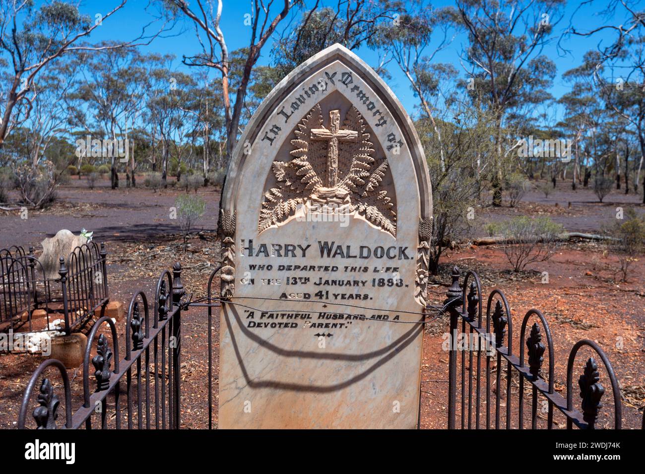 Intricate headstone in Bulong old cemetery, a ghost town in the Goldfields-Esperance region of Western Australia, WA, Australia Stock Photo