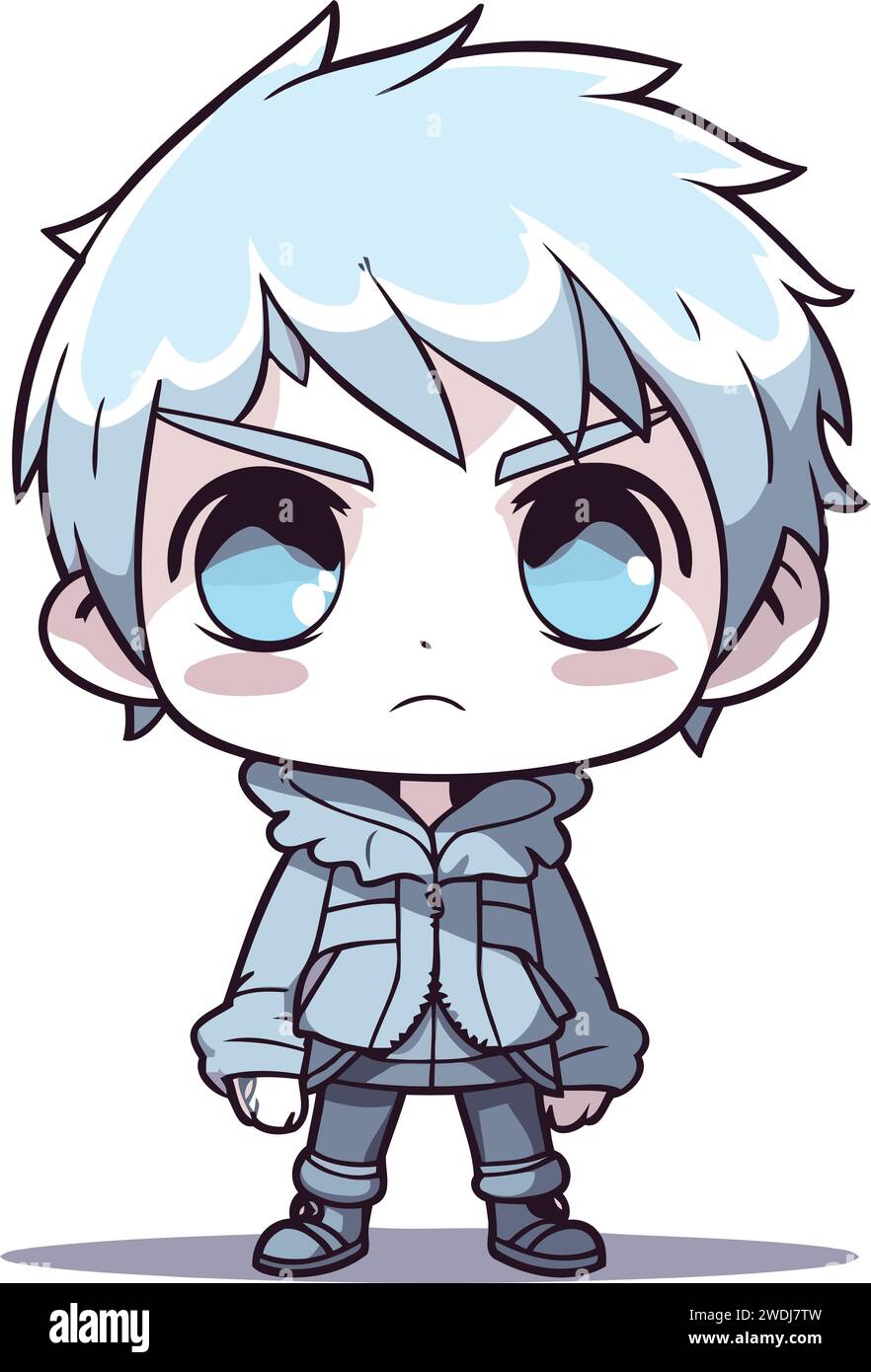 Cute anime boy with blue hair and blue eyes. Vector illustration Stock