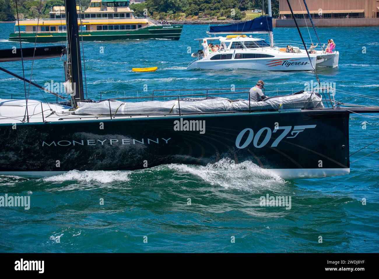 The racing yacht Money Penny seen here in Sydney Harbour is a 2018 built Reichal Pugh 69 that finished 5th (line honours) in the 2024 Sydney to Hobart Stock Photo